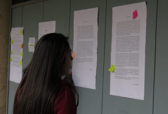 La imagen muestra a la profesora Simone Verdugo observando un texto que se encuentra pegado en la pared junto a tres más. El texto impreso en hoja blanca, cuenta con pequeños papeles de colores que incluyen comentarios sobre el contenido de cada escrito. La exhibición de estos documentos forma parte de la actividad “Textos al patio” desarrollado por los estudiantes en el taller de Lenguaje PACE UC durante julio de 2019.