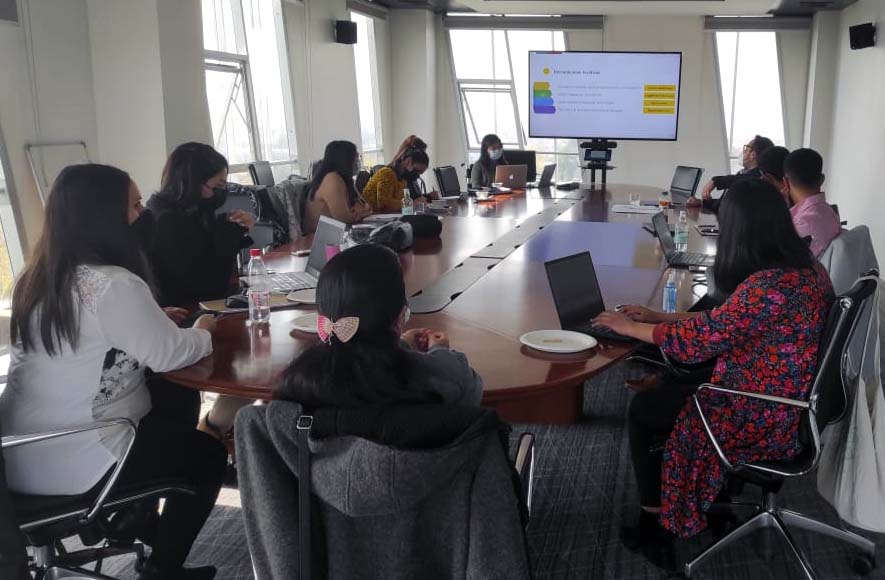 Fotografía participantes del encuentro red G9trabajando de sesión de trabajo n sala de reuniones