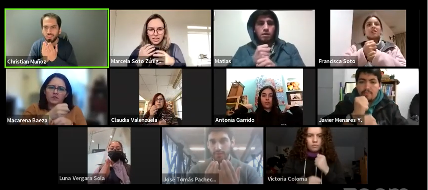 Imagen Zoom. Participantes taller lengua de señas interpretando junto a profesor.