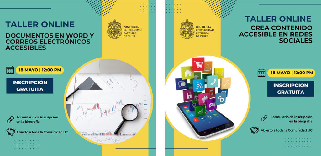 Folletos que difunden dos talleres online gratuitos que impartirá el PIANE en el Día mundial de la Accesibilidad Web este 18 de mayo de 2023