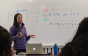 Profesora UC realizando clase de reforzamiento de química frente a pizarrón.