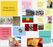 Collage con distintos elementos de culturas de otros países de Latinoamérica y de pueblos originarios de Chile. Por ejemplo, Machu pichu una de las 7 maravillas del mundo, Marinera un baile típico de Perú, juego típico la chueca o el palin, entre otros.