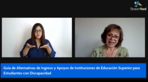 Pantalla dividida en dos. Izquierda, intérprete en LSCh y a la derecha, Leonor Vargas, directora Demre. Abajo en cuadro celeste, letras blancas el nombre de la guía.