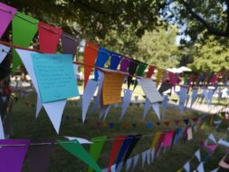 Post it con mensajes pegados en hileras de banderines de colores colgando. No se logran leer los mensajes escritos en la foto.