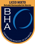 Logo del Liceo Betsabé Hormazábal Alarcón, con el nombre del establecimiento, las iniciales en letras mayúsculas, "Corporación municipal de san miguel, y un símbolo. Este es uno de los liceos que acompaña el PACE UC.