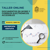 Folleto que invita al taller "Creación de documentos de Word y correos electrónicos accesibles" el jueves 18 de mayo a las 12:00 hrs.